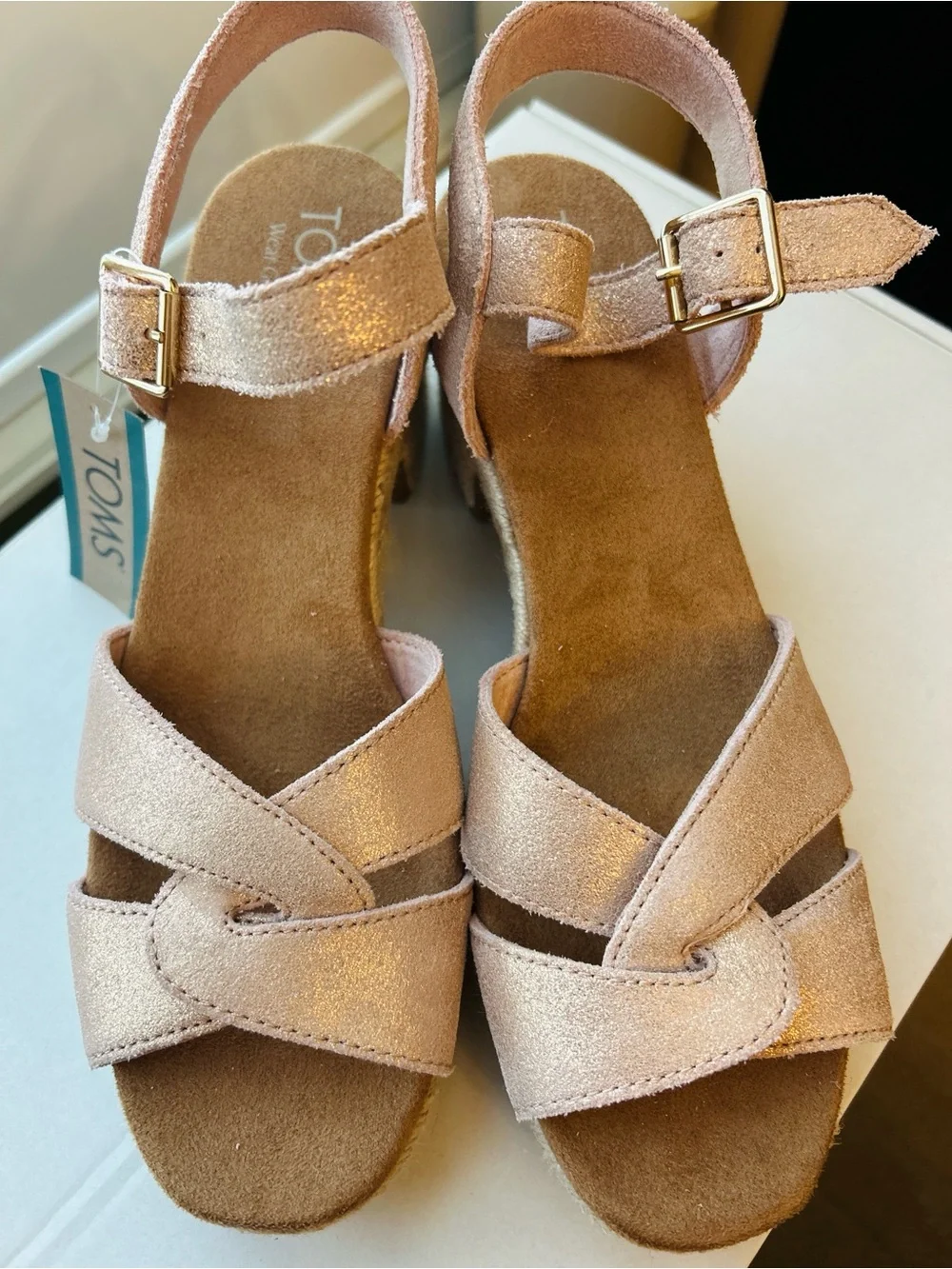 NWT TOMS Isla Pale Rose Metallic Suede Espadrille Platform Sandals 8.5